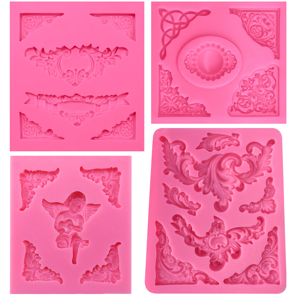 Angel Tag Frame Corner Scrollwork Fondant Silicone Molds 4-count