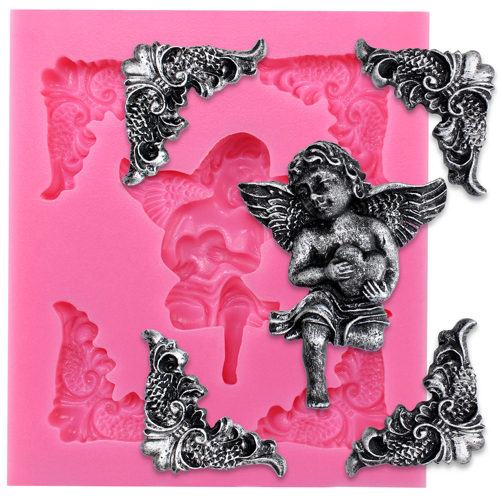 Angelic Cherub Hold Heart with Frame Corner Silicone Mold