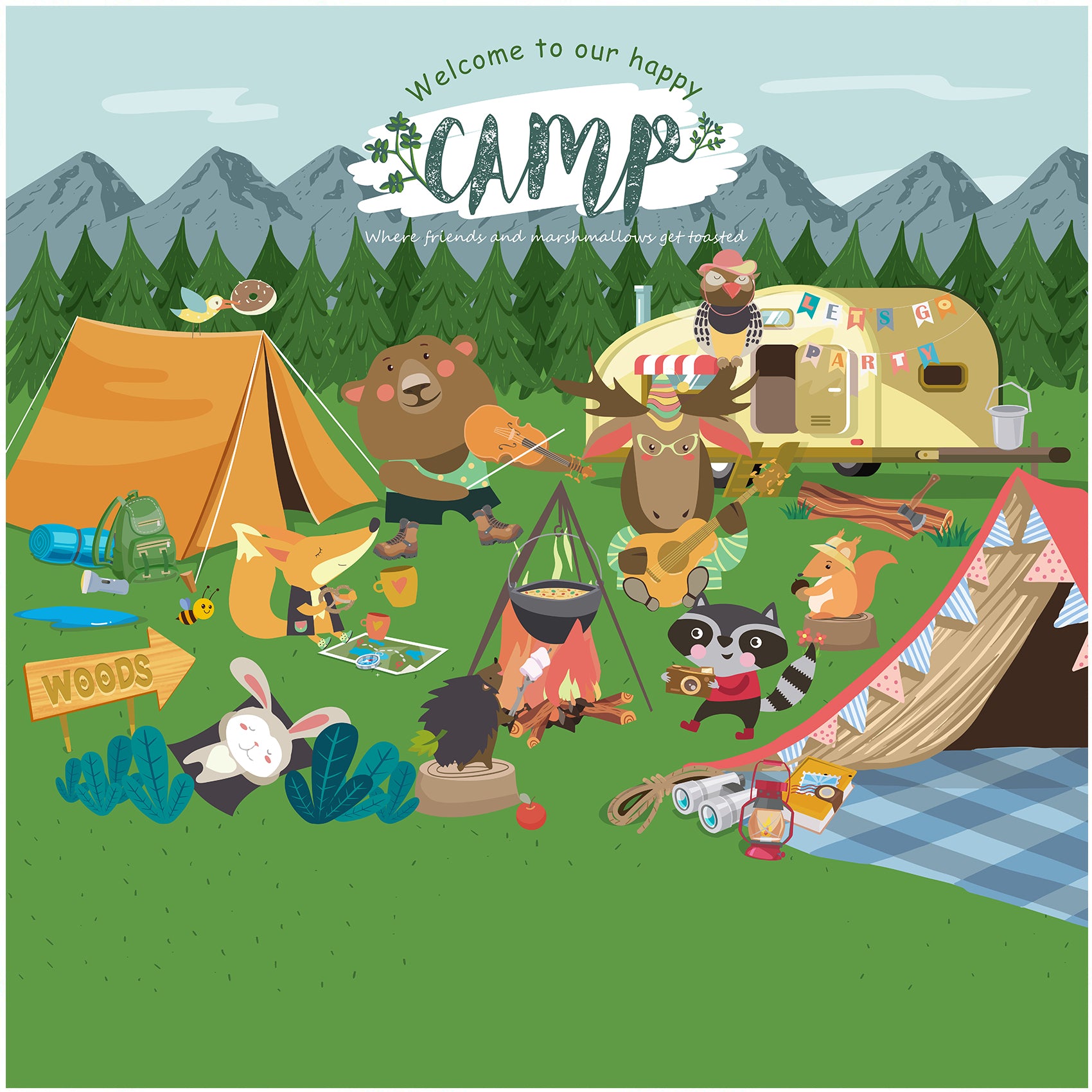 Woodland Animal Camping Party Backdrop Decoration Dessert Table Photography Background 7x7 feet