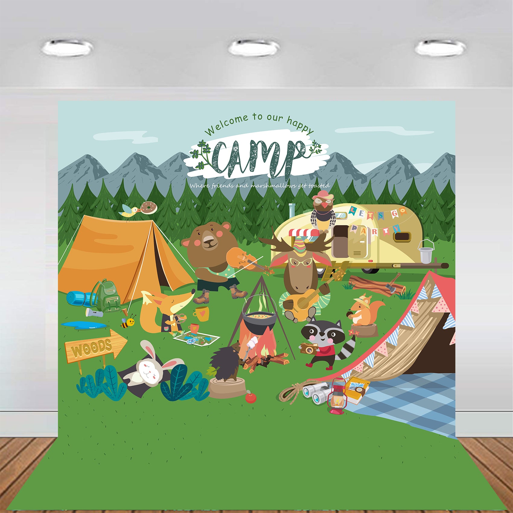 Woodland Animal Camping Party Backdrop Decoration Dessert Table Photography Background 7x7 feet