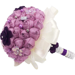 Retro Wedding Artificial Flower Bouquet Purple with Rhinestone Layered Holder
