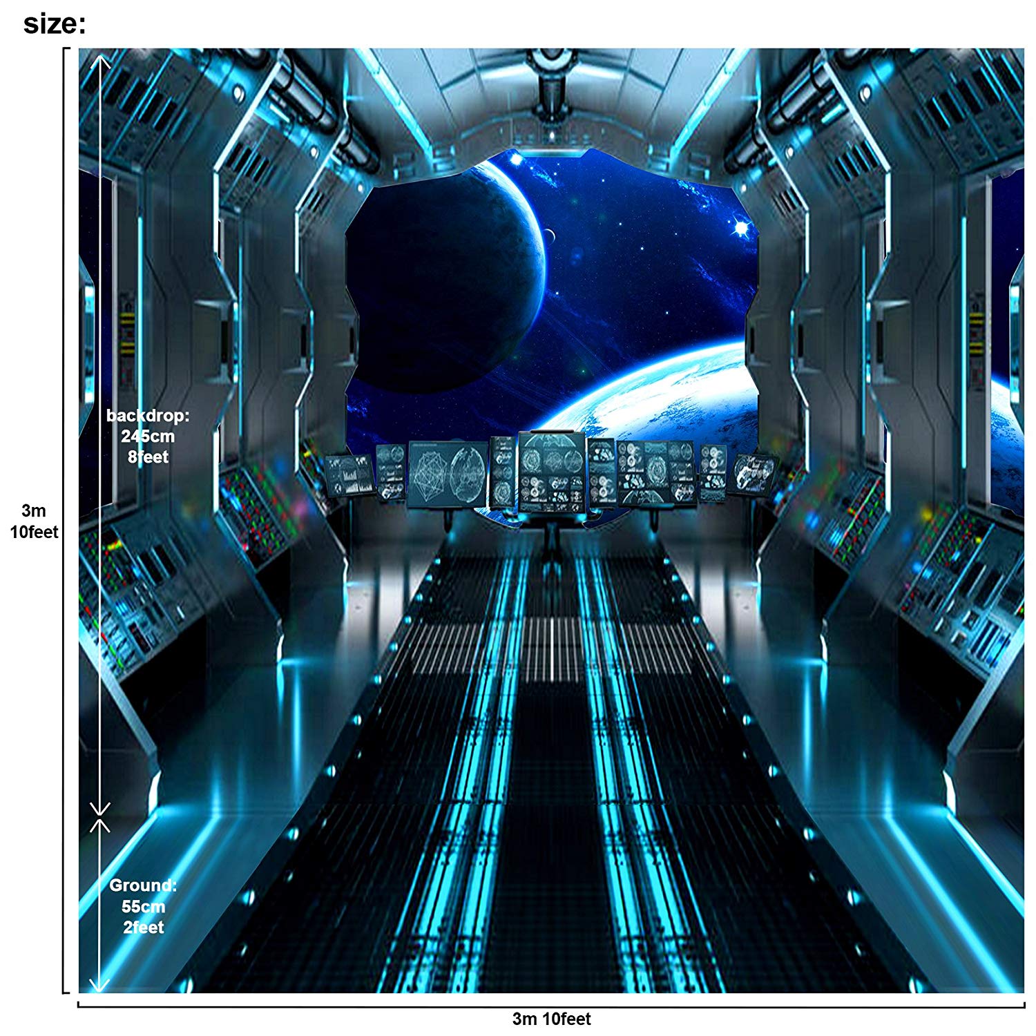 Futuristic Hallway Aboard Spaceship Backdrop Dessert Table Decoration Photography Background 10x10 feet