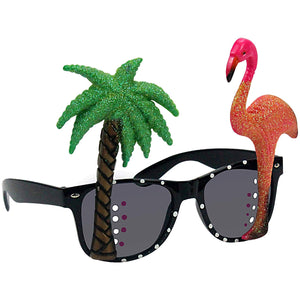 Tropical Party Costume Sunglasses Fun Shades Flamingo and Plam Tree Black