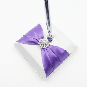 Purple Satin Ribbon Bow Wedding Guest Book with Pen Pen holder 3 in Set
