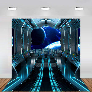 Futuristic Hallway Aboard Spaceship Backdrop Dessert Table Decoration Photography Background 10x10 feet