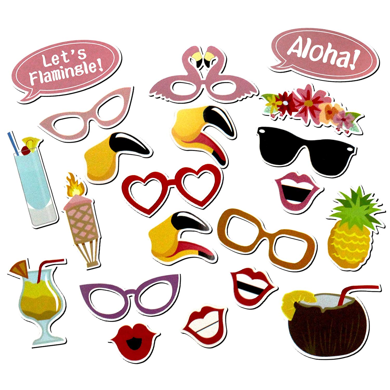 Lets Flamingle Tropical Luau Hawaiian Party Photo Booth Props 21 Count with Stick