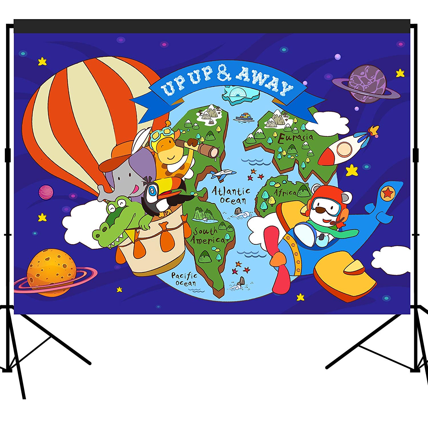 Up and Away Hot Air Balloon and Plane Party Backdrop Large Banner Decoration Dessert Table Background Photobooth Prop 7x5 feet