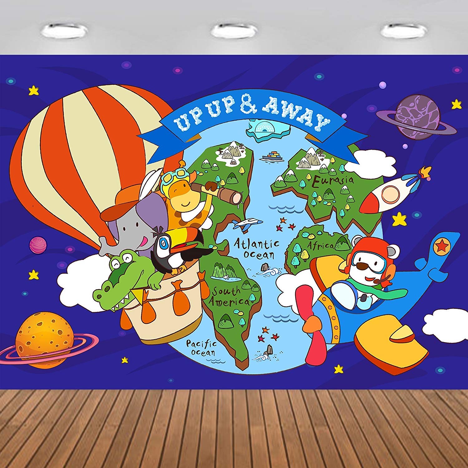 Up and Away Hot Air Balloon and Plane Party Backdrop Large Banner Decoration Dessert Table Background Photobooth Prop 7x5 feet
